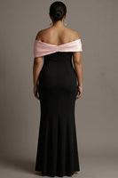 Laden Sie das Bild in den Galerie-Viewer, Schwarz-Rosa Meerjungfrauen Schulterfreies Satin Langes Abendkleid in Übergröße