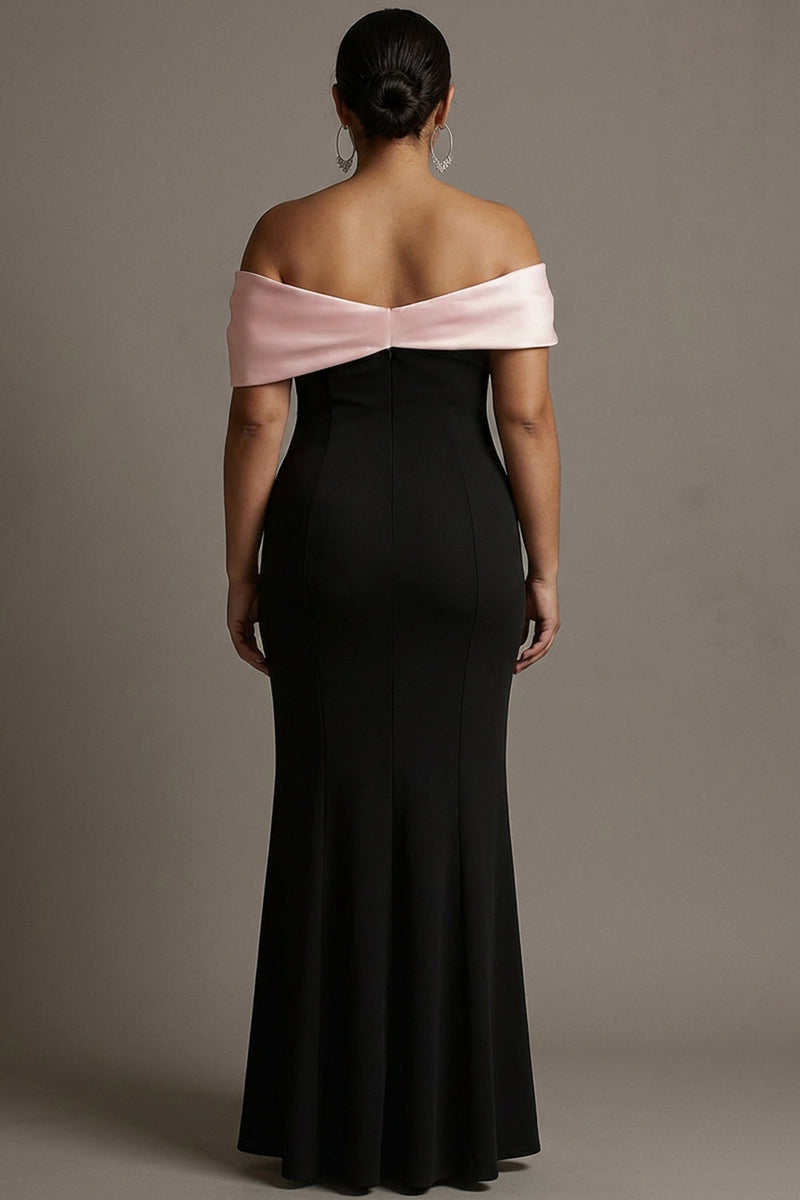 Laden Sie das Bild in den Galerie-Viewer, Schwarz-Rosa Meerjungfrauen Schulterfreies Satin Langes Abendkleid in Übergröße