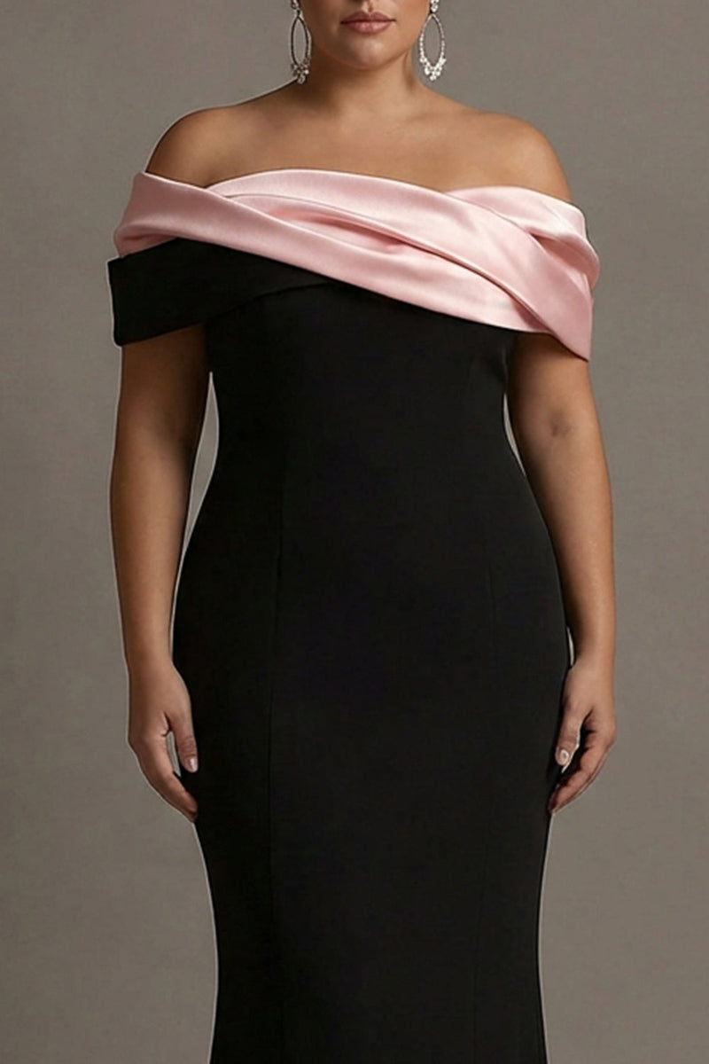 Laden Sie das Bild in den Galerie-Viewer, Schwarz-Rosa Meerjungfrauen Schulterfreies Satin Langes Abendkleid in Übergröße