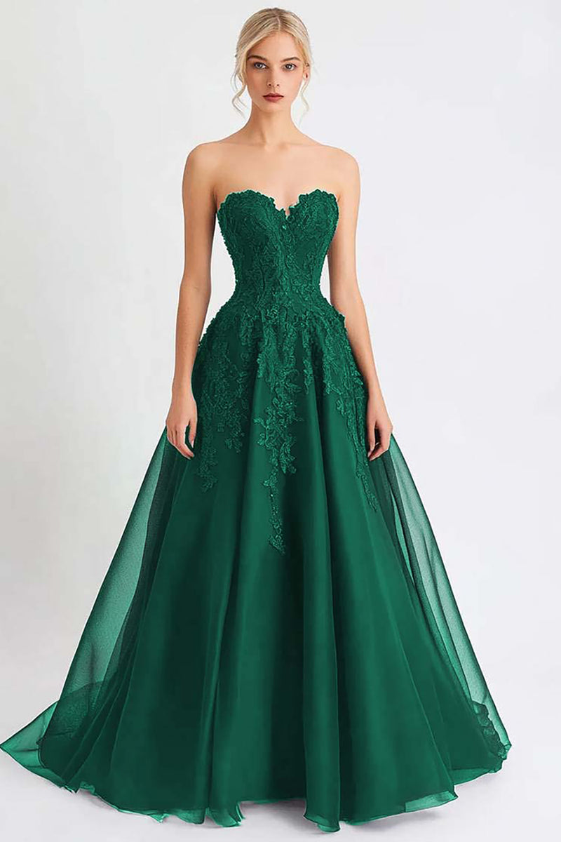 Laden Sie das Bild in den Galerie-Viewer, Schwarzes Trägerloses Langes A-Linie Tüll Abendkleid mit Applikationen