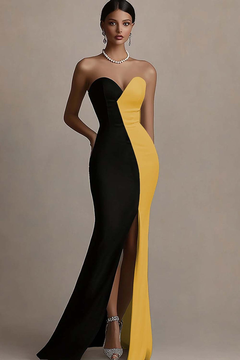 Laden Sie das Bild in den Galerie-Viewer, Schwarz weißes Trägerloses Langes Etui Abendkleid aus Satin mit Schlitz