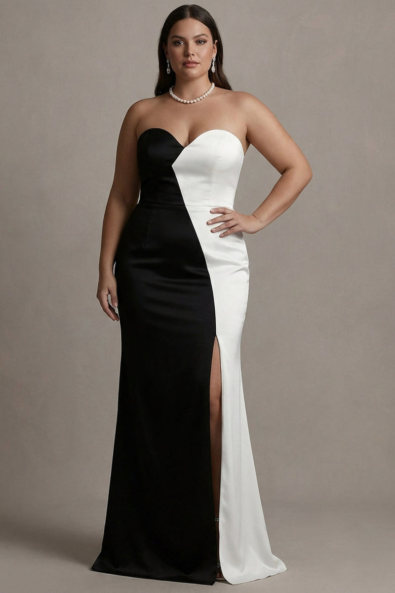 Laden Sie das Bild in den Galerie-Viewer, Herzausschnitt Sheath Schwarz-Weiß Plus-Size Langes Abendkleid mit Schlitz