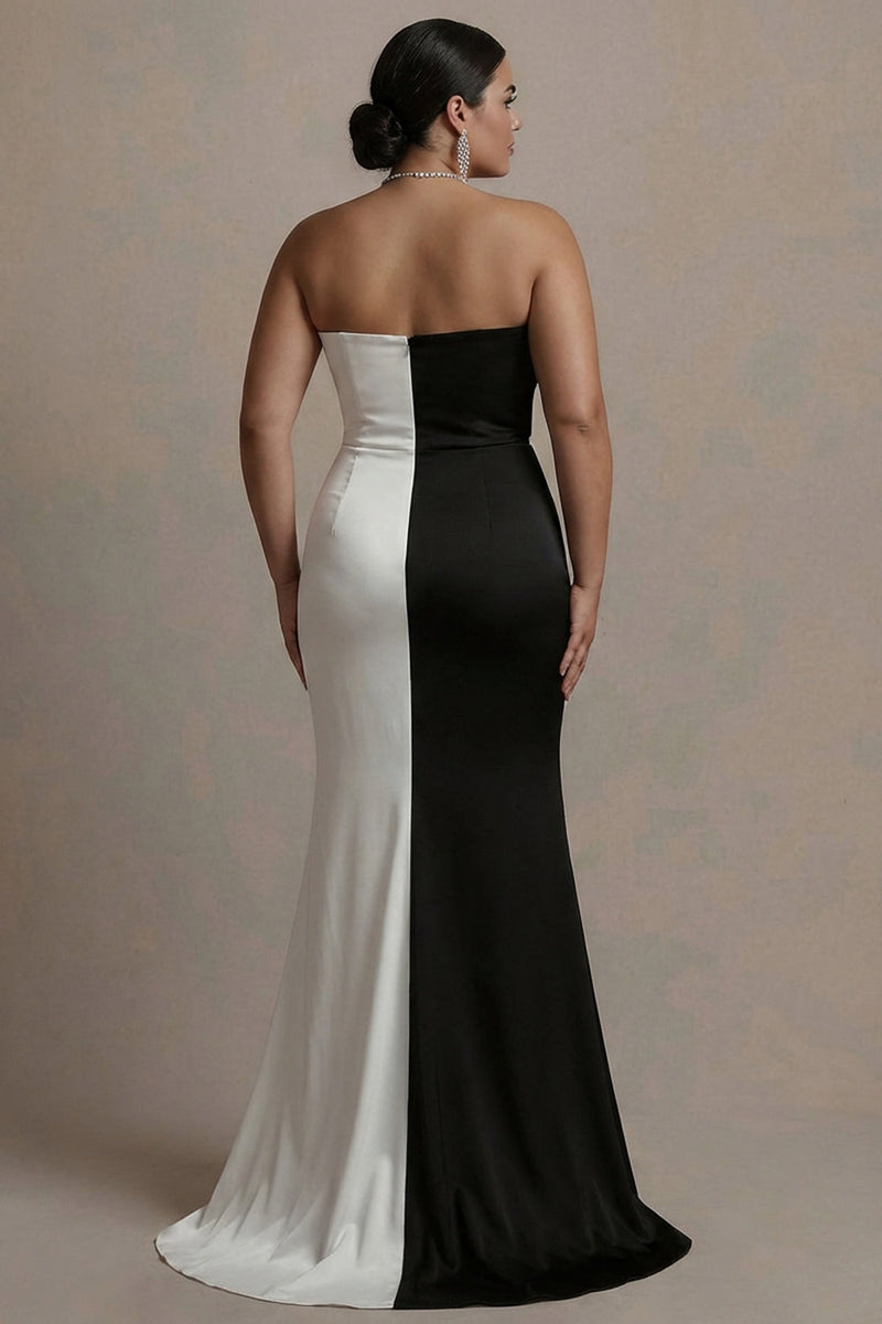 Laden Sie das Bild in den Galerie-Viewer, Herzausschnitt Sheath Schwarz-Weiß Plus-Size Langes Abendkleid mit Schlitz