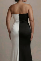 Laden Sie das Bild in den Galerie-Viewer, Herzausschnitt Sheath Schwarz-Weiß Plus-Size Langes Abendkleid mit Schlitz