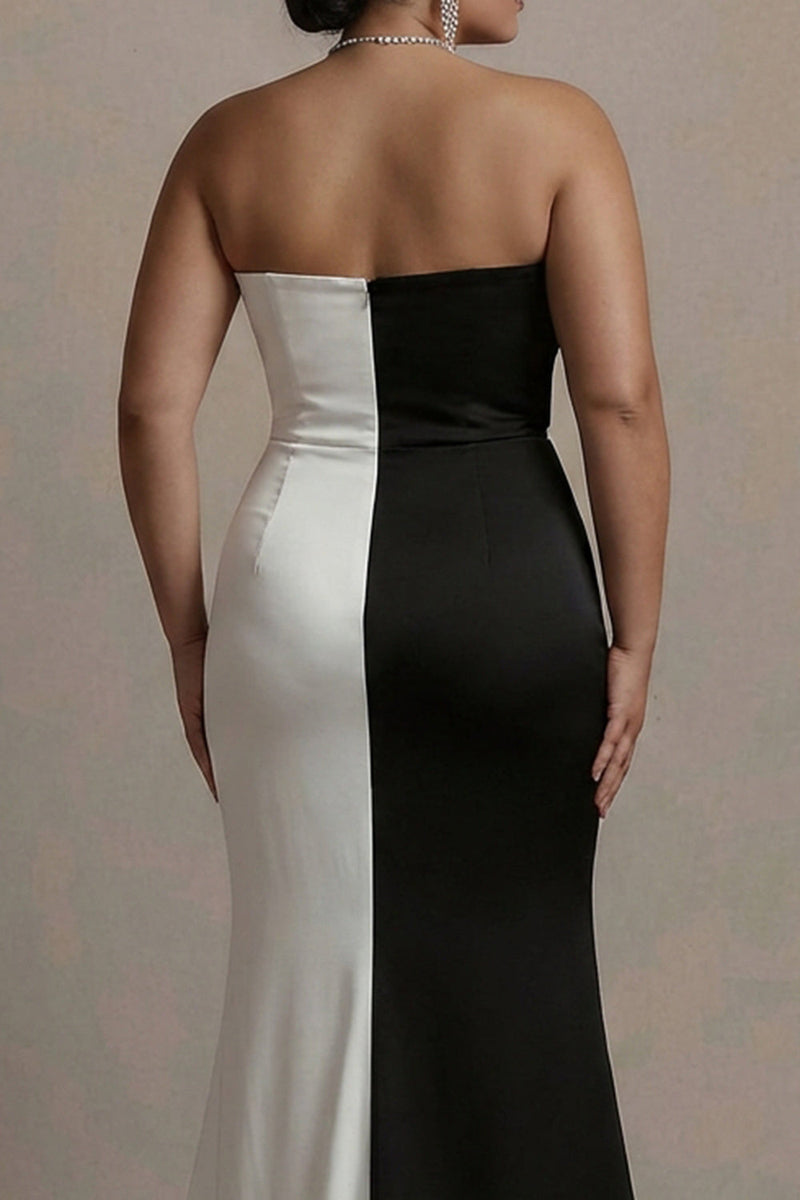 Laden Sie das Bild in den Galerie-Viewer, Herzausschnitt Sheath Schwarz-Weiß Plus-Size Langes Abendkleid mit Schlitz