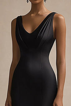 Schwarzes Langes Meerjungfrauen Abendkleid aus Satin mit V-Ausschnitt