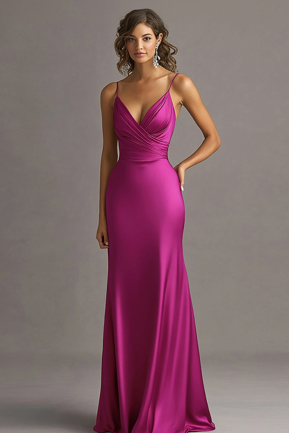 Fuchsia Langes Abendkleid mit V-Ausschnitt und Rüschen