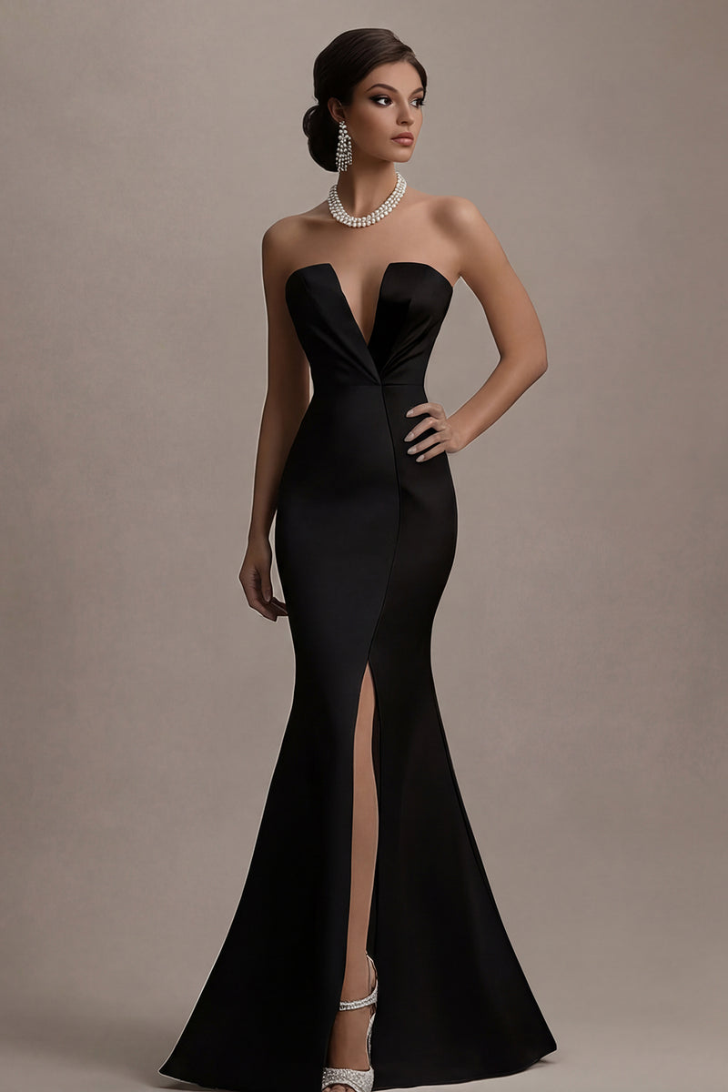Laden Sie das Bild in den Galerie-Viewer, Trägerloses Schwarz-weißes Meerjungfrauen Abendkleid mit Schlitz