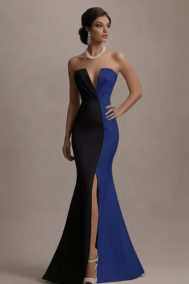 Laden Sie das Bild in den Galerie-Viewer, Trägerloses Schwarz-weißes Meerjungfrauen Abendkleid mit Schlitz
