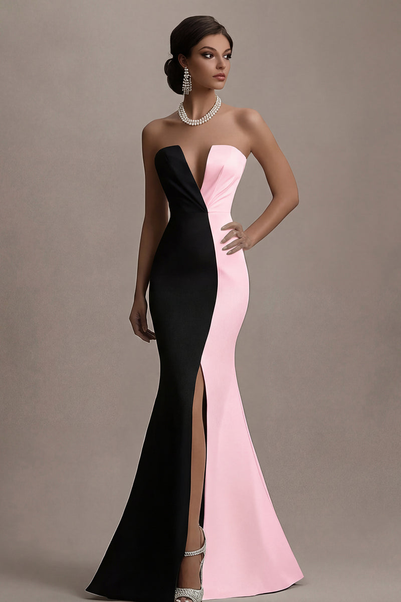 Laden Sie das Bild in den Galerie-Viewer, Trägerloses Schwarz-weißes Meerjungfrauen Abendkleid mit Schlitz
