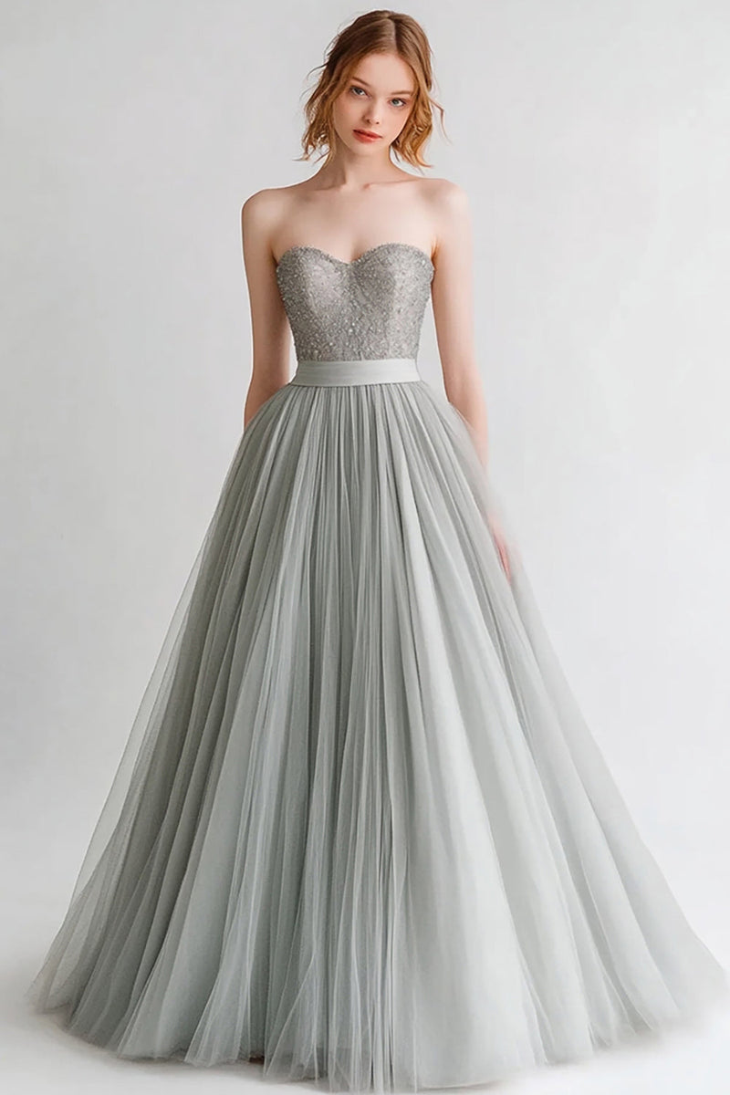 Laden Sie das Bild in den Galerie-Viewer, Graues Trägerloses Abendkleid aus Tüll in A-Linie