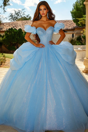 Glitzerndes Himmelblaues Schulterfreies Quinceanera Kleid mit Rüschen