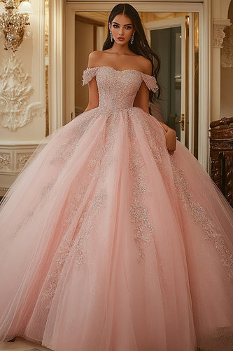 Schulterfreies Ballkleid Rosa Perlenbesetztes Quinceanera Kleid