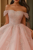 Laden Sie das Bild in den Galerie-Viewer, Schulterfreies Ballkleid Rosa Perlenbesetztes Quinceanera Kleid