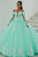 Laden Sie das Bild in den Galerie-Viewer, Schulterfreies Ballkleid Mintgrünes Quinceanera Kleid mit Applikationen