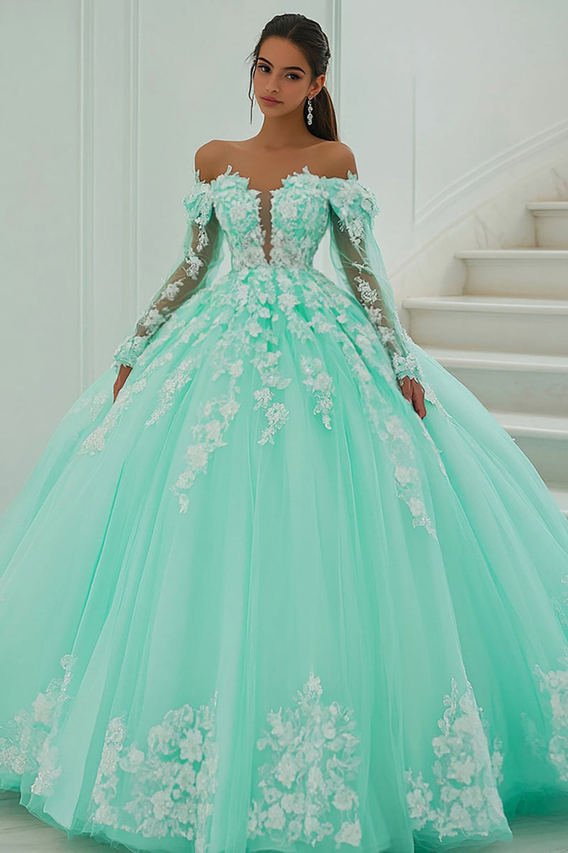 Laden Sie das Bild in den Galerie-Viewer, Schulterfreies Ballkleid Mintgrünes Quinceanera Kleid mit Applikationen