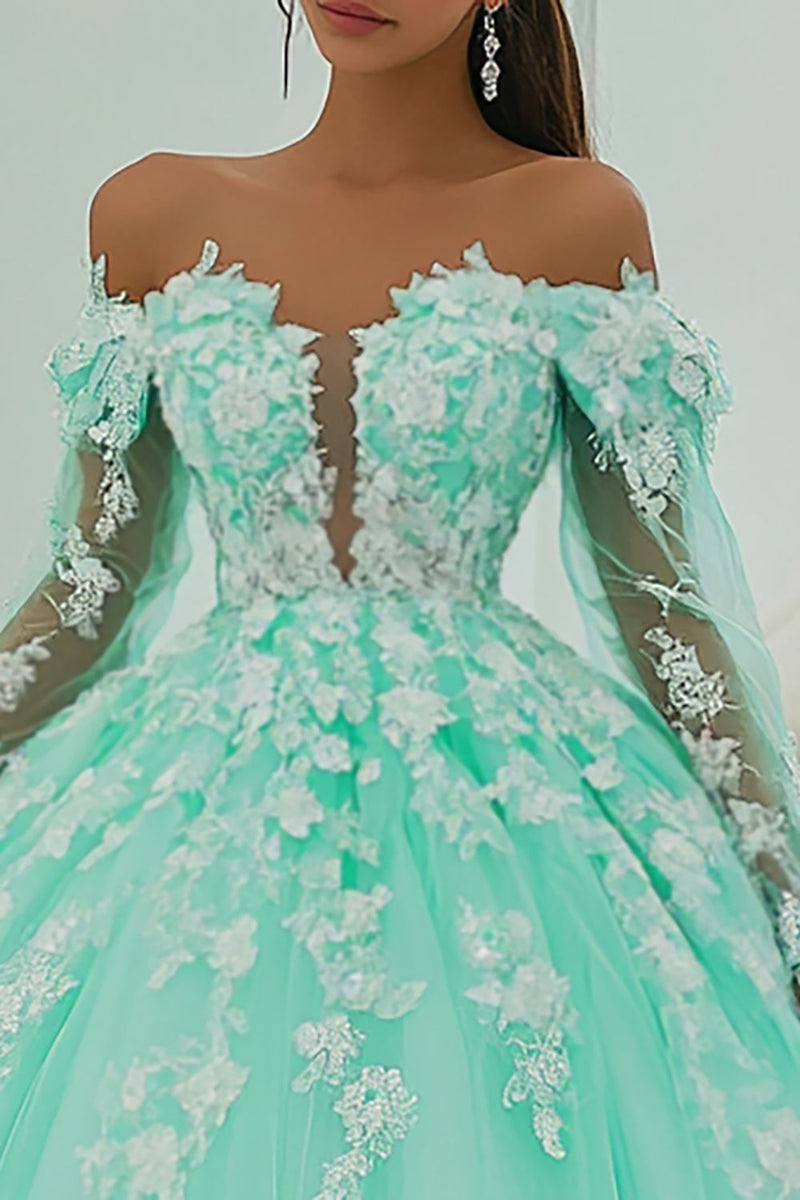 Laden Sie das Bild in den Galerie-Viewer, Schulterfreies Ballkleid Mintgrünes Quinceanera Kleid mit Applikationen