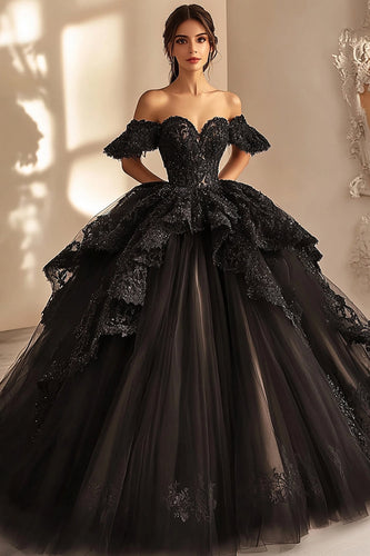Schulterfreies Ballkleid Schwarzes Quinceanera-Kleid aus Spitze