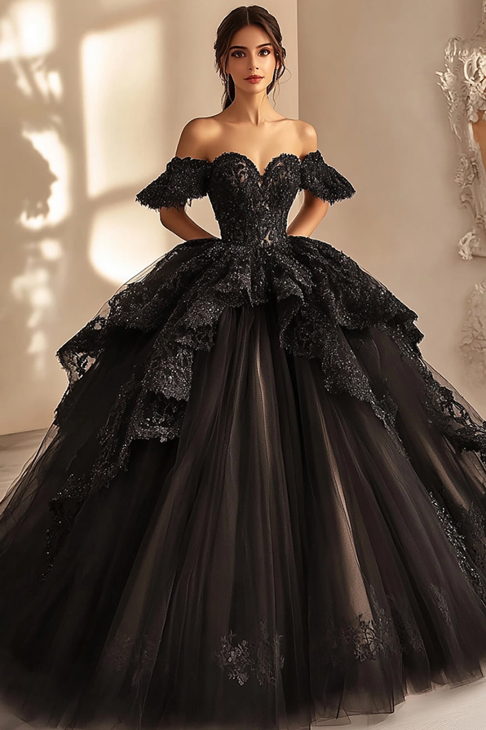 Schulterfreies Ballkleid Schwarzes Quinceanera-Kleid aus Spitze