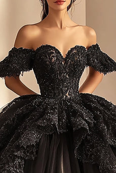 Schulterfreies Ballkleid Schwarzes Quinceanera-Kleid aus Spitze