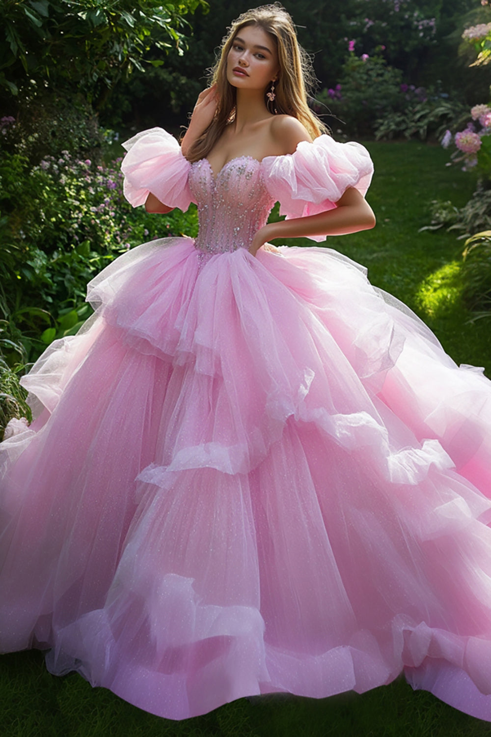 Prinzessin Rosa Ballkleid Schulterfreies Quinceanera-Kleid aus Tüll mit Rüschen