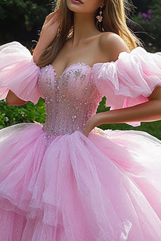 Prinzessin Rosa Ballkleid Schulterfreies Quinceanera-Kleid aus Tüll mit Rüschen
