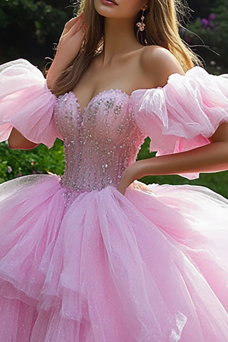 Laden Sie das Bild in den Galerie-Viewer, Prinzessin Rosa Ballkleid Schulterfreies Quinceanera-Kleid aus Tüll mit Rüschen
