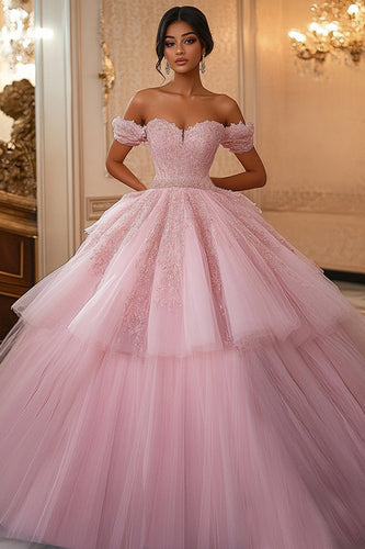 Prinzessin Ballkleid Schulterfreies Rosa Quinceanera-Kleid aus Spitze