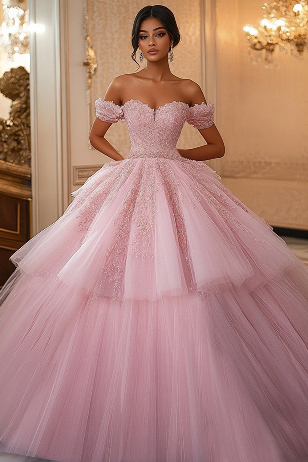 Prinzessin Ballkleid Schulterfreies Rosa Quinceanera-Kleid aus Spitze