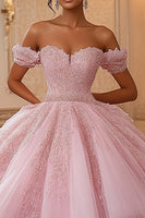 Laden Sie das Bild in den Galerie-Viewer, Prinzessin Ballkleid Schulterfreies Rosa Quinceanera-Kleid aus Spitze