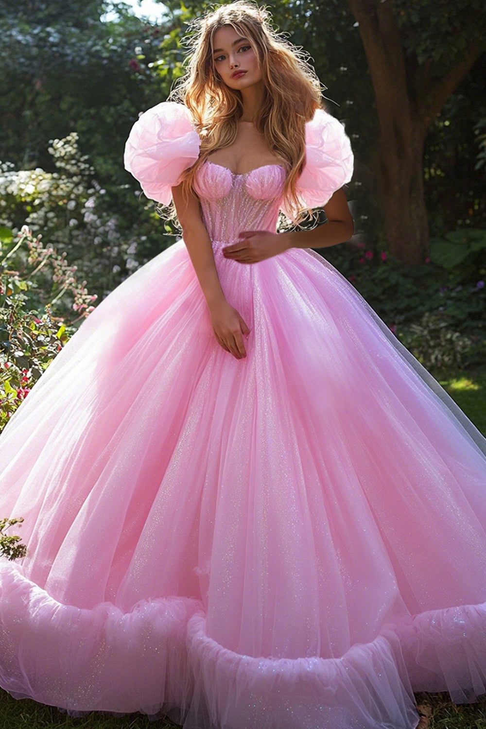 Glitzer Ballkleid Rosa Quinceanera Kleid mit Puffärmeln und Rüschen