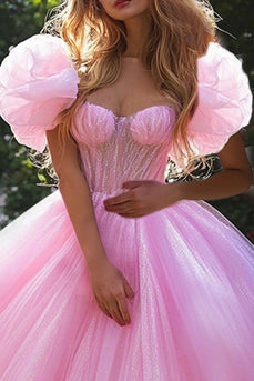 Glitzer Ballkleid Rosa Quinceanera Kleid mit Puffärmeln und Rüschen