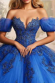 Schulterfreies Ballkleid Königsblaues Appliziertes Quinceanera-Kleid