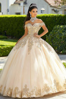 Laden Sie das Bild in den Galerie-Viewer, Schulterfreies Ballkleid Champagner Quinceanera Kleid mit Applikationen
