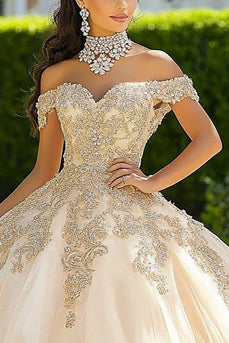 Schulterfreies Ballkleid Champagner Quinceanera Kleid mit Applikationen
