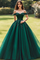 Laden Sie das Bild in den Galerie-Viewer, Prinzessin Ballkleid Schulterfreies Dunkelgrünes Quinceanera-Kleid mit Applikationen