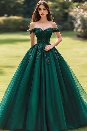 Prinzessin Ballkleid Schulterfreies Dunkelgrünes Quinceanera-Kleid mit Applikationen
