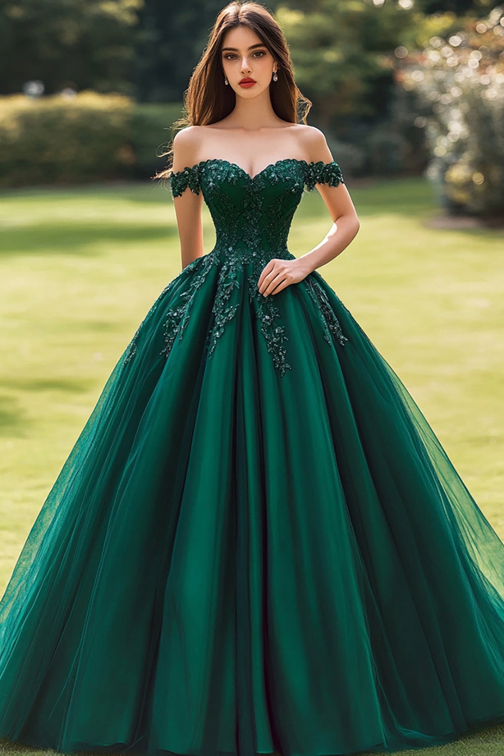 Prinzessin Ballkleid Schulterfreies Dunkelgrünes Quinceanera-Kleid mit Applikationen