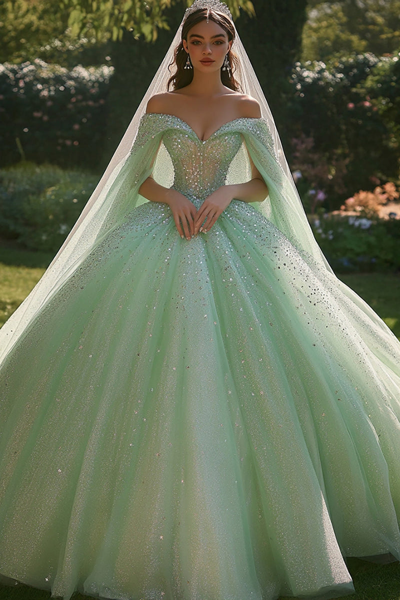 Laden Sie das Bild in den Galerie-Viewer, Glitzer Schulterfreies Hellgrünes Ballkleid Quinceanera-Kleid mit Pailletten