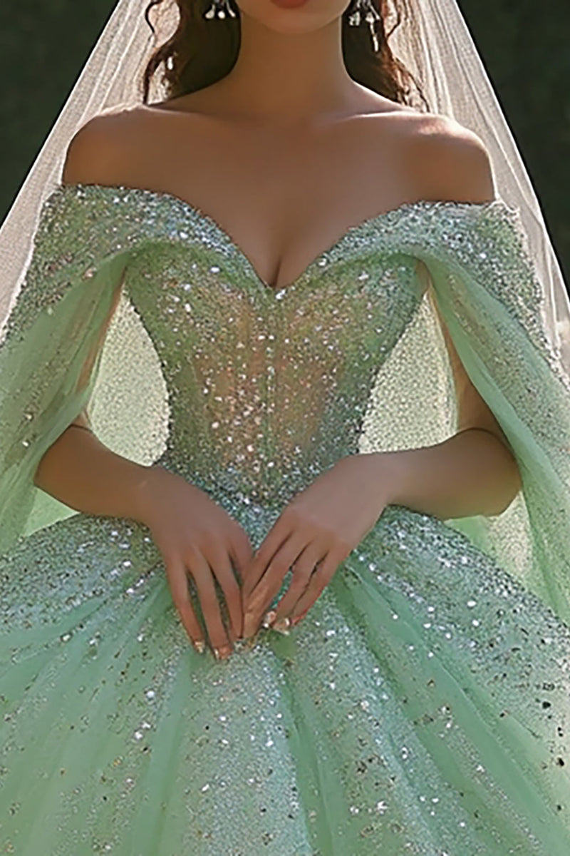 Laden Sie das Bild in den Galerie-Viewer, Glitzer Schulterfreies Hellgrünes Ballkleid Quinceanera-Kleid mit Pailletten