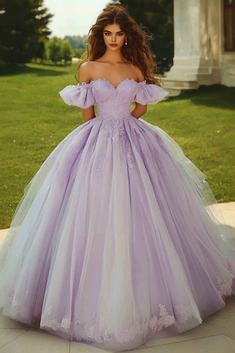 Laden Sie das Bild in den Galerie-Viewer, Flieder Ballkleid Schulterfreies Quinceanera-Kleid mit Applikationen