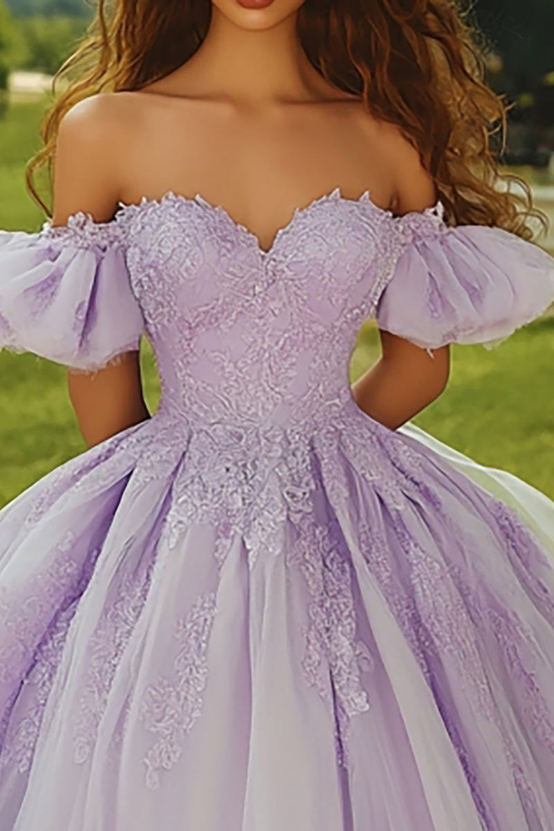 Laden Sie das Bild in den Galerie-Viewer, Flieder Ballkleid Schulterfreies Quinceanera-Kleid mit Applikationen