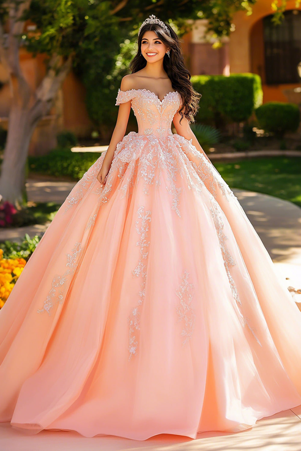 Rosa Schulterfreies Appliziertes Ballkleid Quinceanera-Kleid