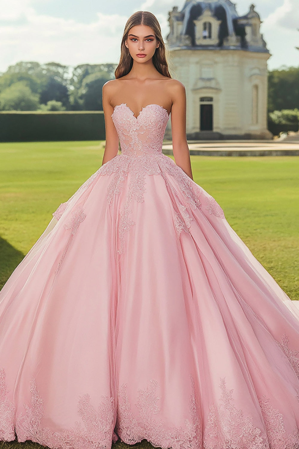 Rosa Trägerloses Appliziertes Ballkleid Quinceanera-Kleid