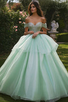 Laden Sie das Bild in den Galerie-Viewer, Glitzer Schulterfreies Ballkleid Mintgrünes Quinceanera-Kleid