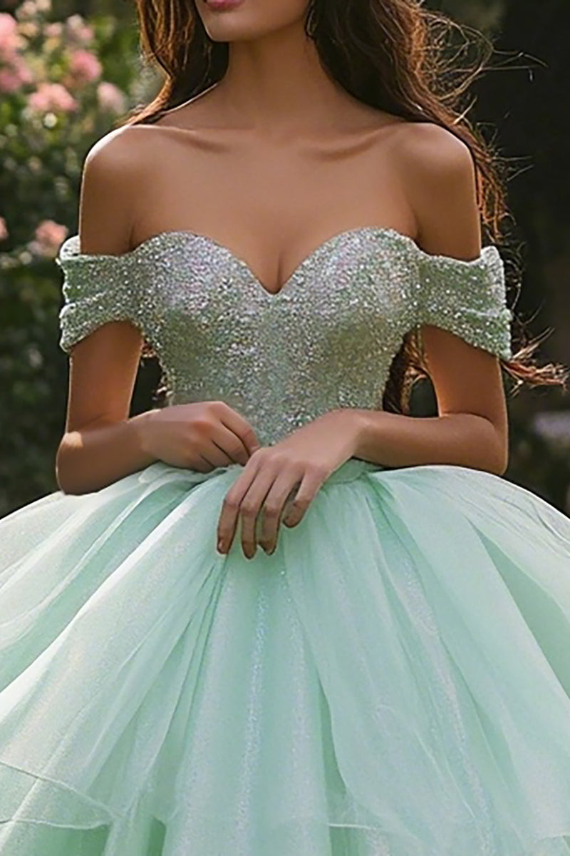 Laden Sie das Bild in den Galerie-Viewer, Glitzer Schulterfreies Ballkleid Mintgrünes Quinceanera-Kleid