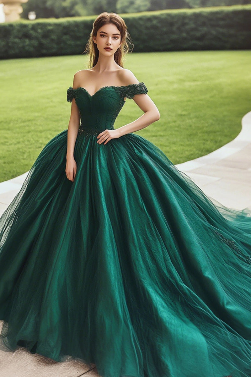 Laden Sie das Bild in den Galerie-Viewer, Ballkleid Schulterfreies Korsett Dunkelgrünes Quinceanera-Kleid