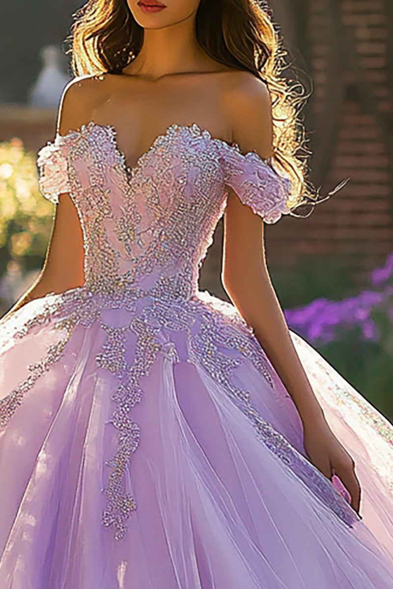 Laden Sie das Bild in den Galerie-Viewer, Schulterfreies Ballkleid Lila Quinceanera Kleid mit Applikationen