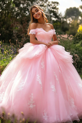 Prinzessin Ballkleid Schulterfreies Rosa Quinceanera-Kleid mit Rüschen