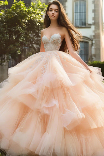 Ballkleid Trägerloses Quinceanera-Kleid mit Rüschen in Champagner
